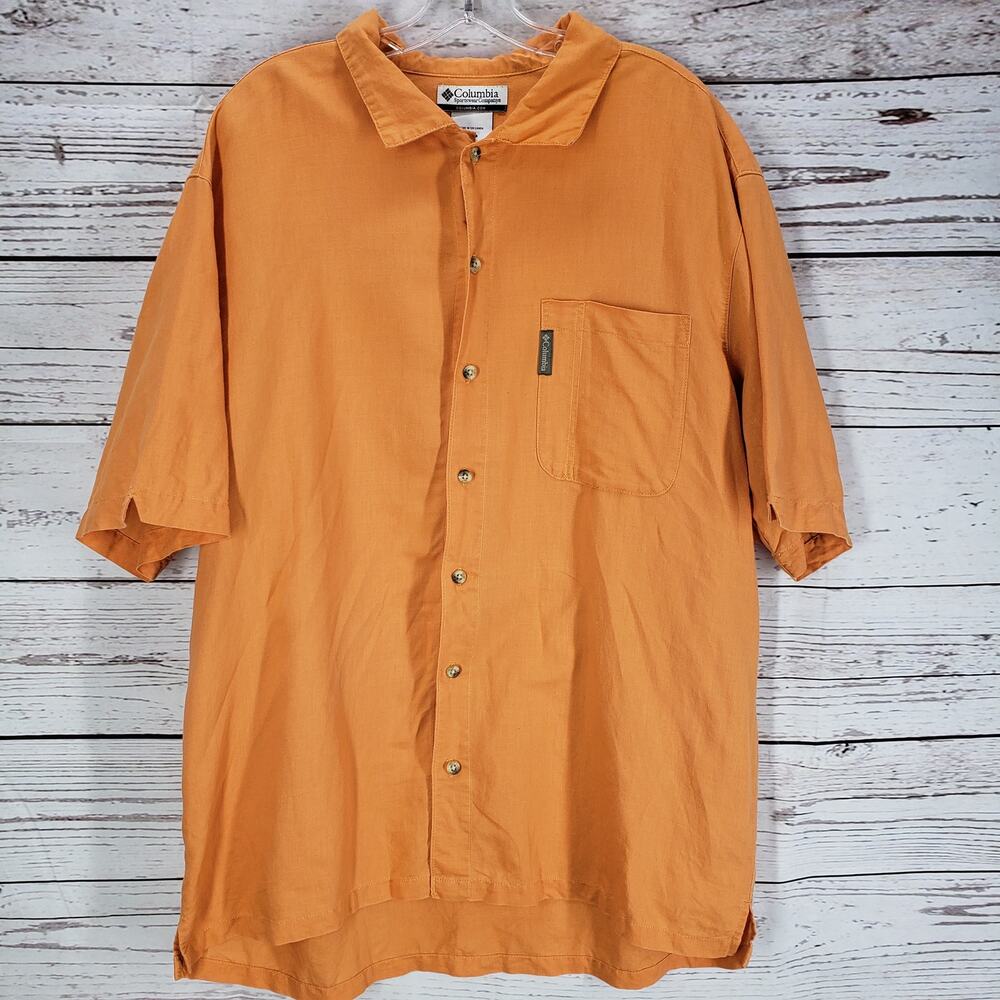 Columbia Sportswear Orange Cotton Ramie Button Up Short Sleeve Shirt Size XL